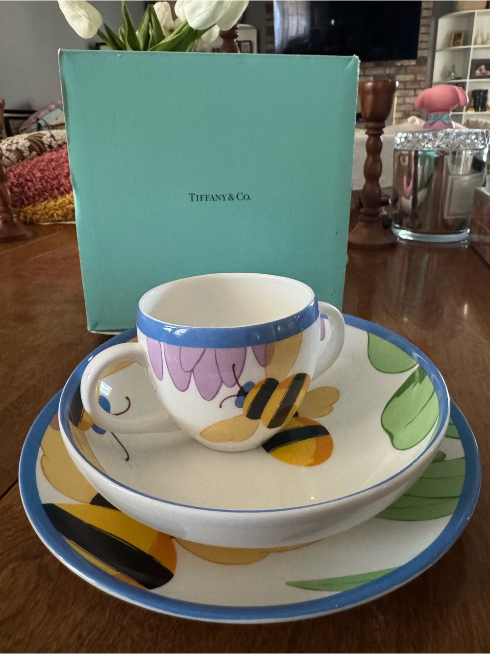 Tiffany & Co. Blue-Trim Bee and Floral Ceramic Tea Cup, Bowl & Plate Set